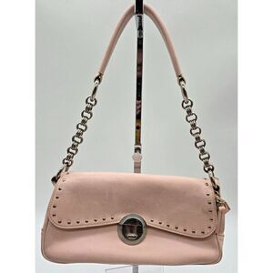 Pink Leather Shoulder Bag W/ Metal Chain Strap & Studded Details - Chic & Practi